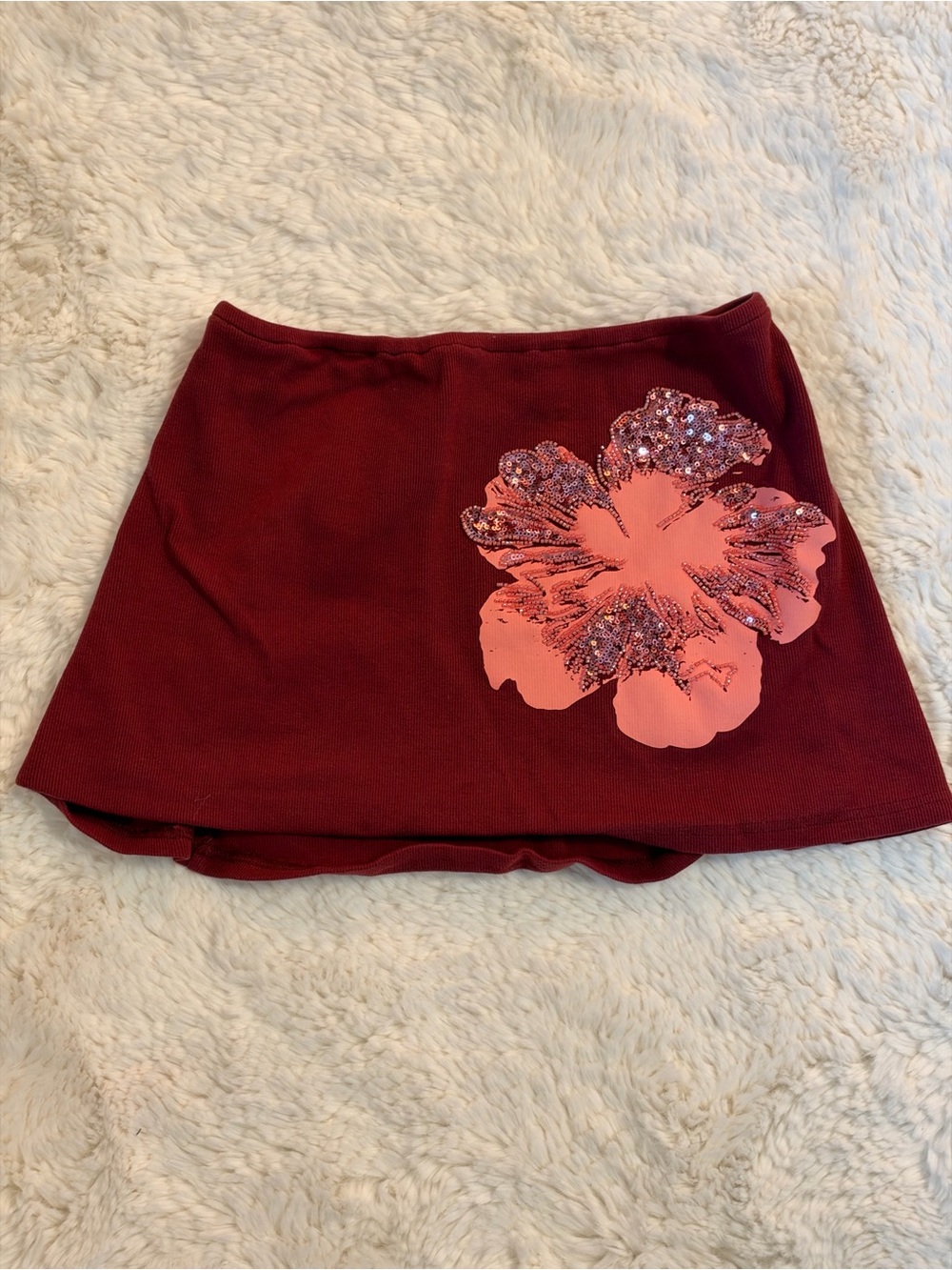 Women's Maroon Skirt with Coral Floral Sequin Applique